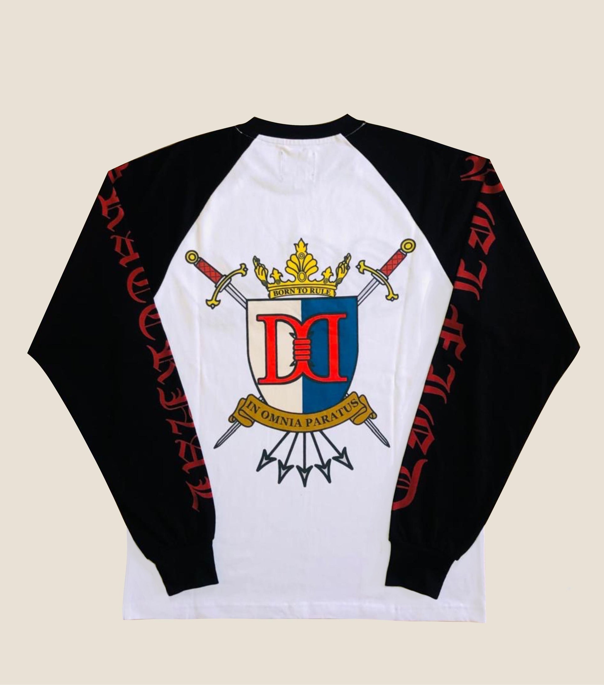 Long-sleeve shirt with a crest design on a beige background