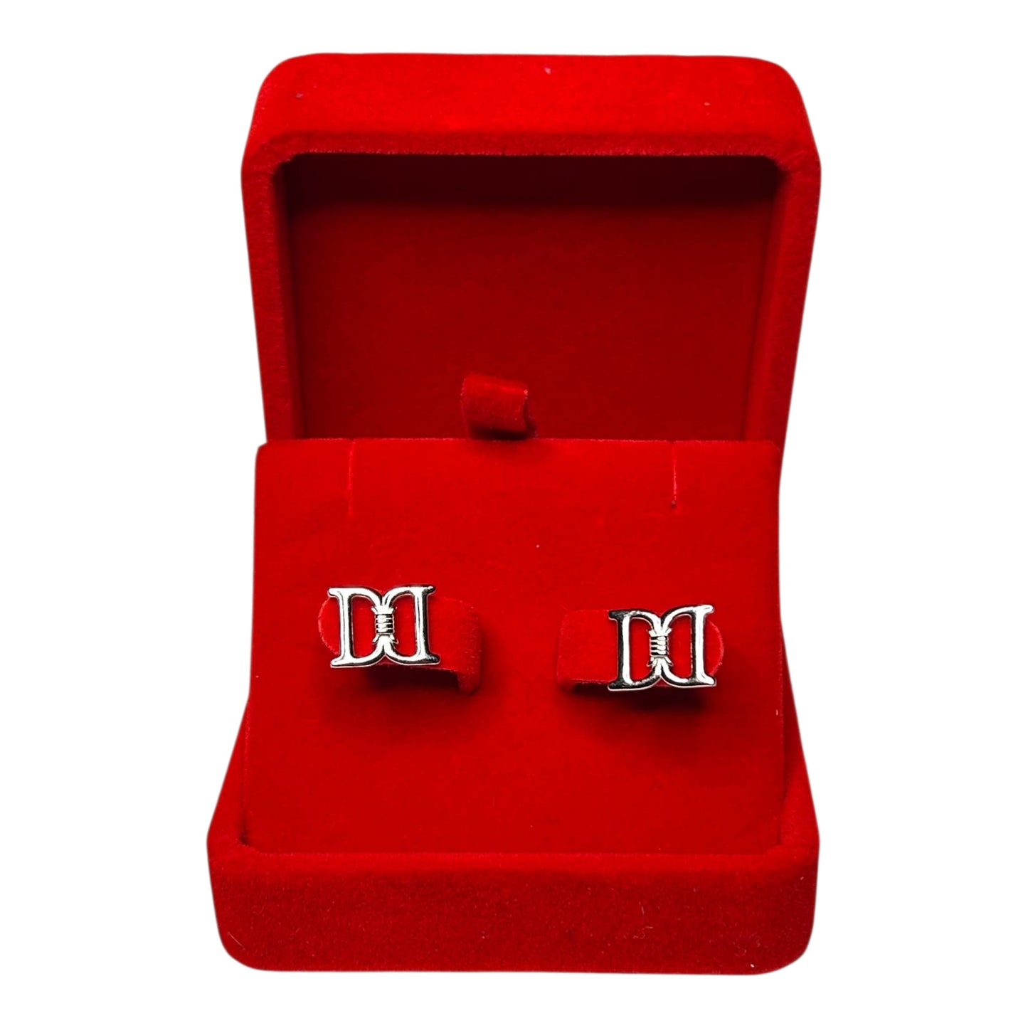925 Silver earrings in a red jewelry box on a white background
