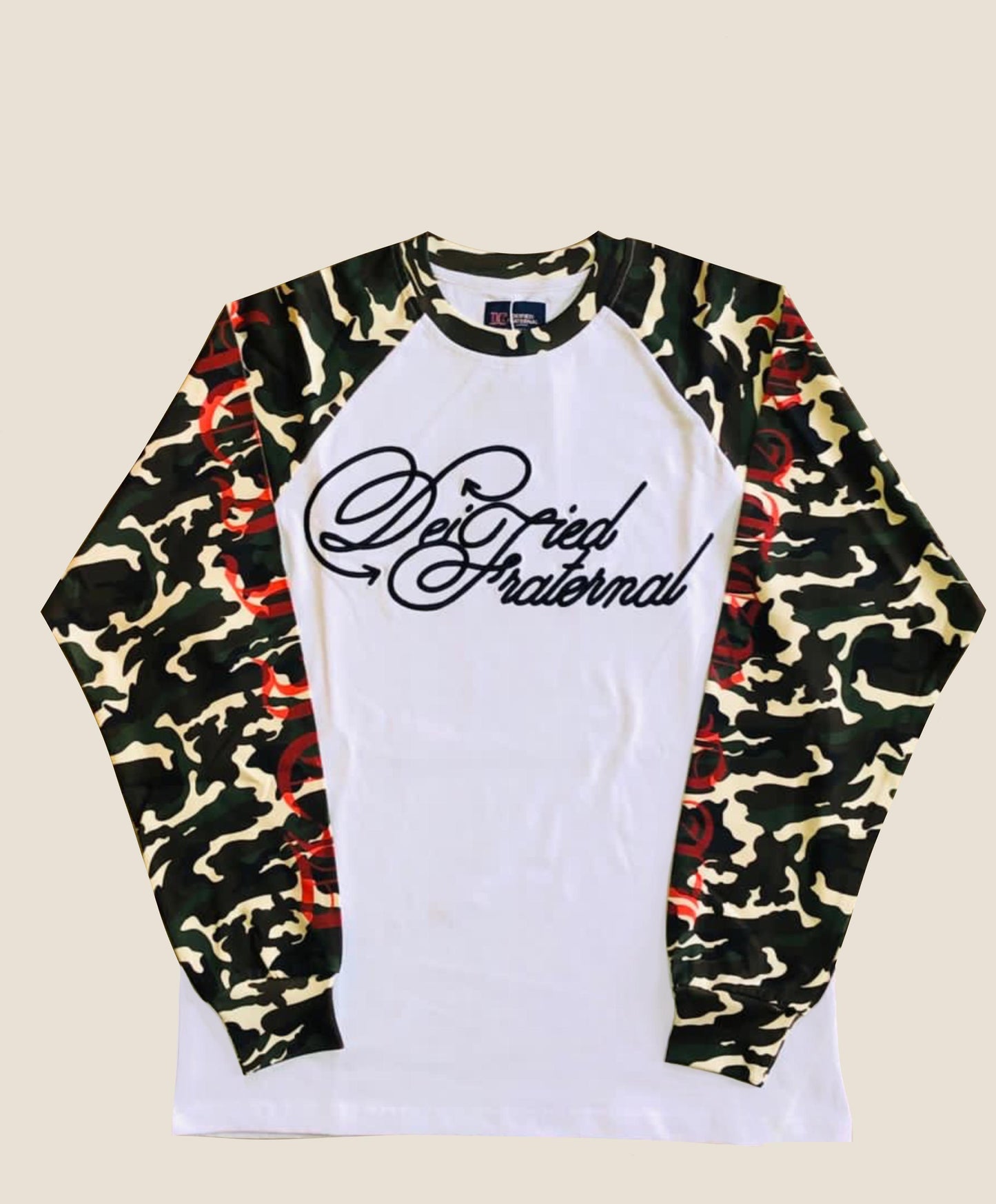  camouflage sleeves and 'Deified Thaefernal' text on a beige background